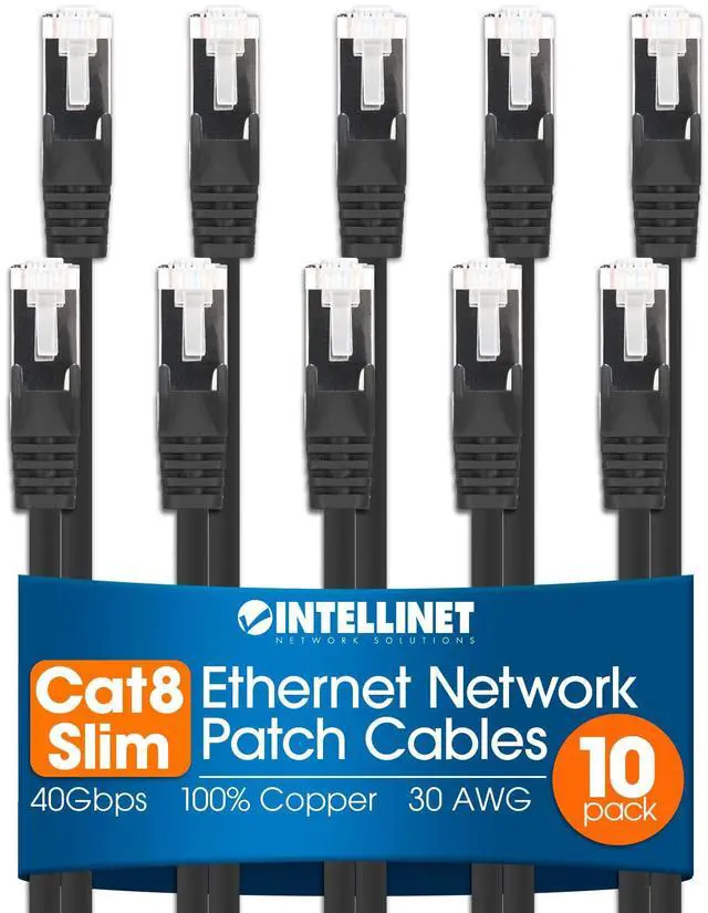 Main image of Intellinet Slim Cat8 Ethernet Network Patch Cable - 10-Pack - 40Gbps & 2000MHz, Snagless Boot, 30AWG Pure Bare Copper Wire, Gold-Plated Contacts, Lifetime Mfg Warranty - 0.5ft, 10 Pack, Black