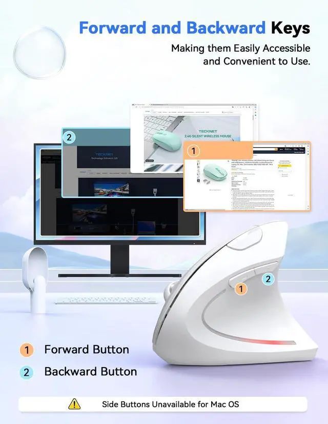 Alt view image 5 of 5 - TECKNET Ergonomic Mouse, 4800 DPI Wireless Vertical Mouse with 5 Adjustable DPI Levels, 6 Buttons, 2.4GHz Optical Carpal Tunnel Mouse for Laptop, Desktop, PC, MacBook - White