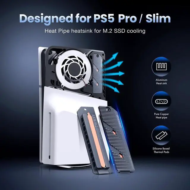 Alt view image 3 of 5 - GRAUGEAR PS5 Pro/PS5 Slim M.2 SSD Heatsink with Heatpipe, Integrated Copper Heatpipe and Aluminum Fins for High-Efficiency Cooling, Compatible with NVMe SSD Upgrade for PlayStation 5