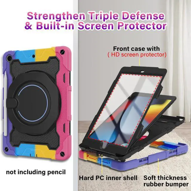 Alt view image 5 of 5 - ROISKIN for iPad 10.2 Case 9th 8th 7th Generation with Screen Protector,360 Rotating Kickstand Shoulder Strap Hand Grip Pencil Holder Kids Case for iPad 10.2 inch Case for Girls