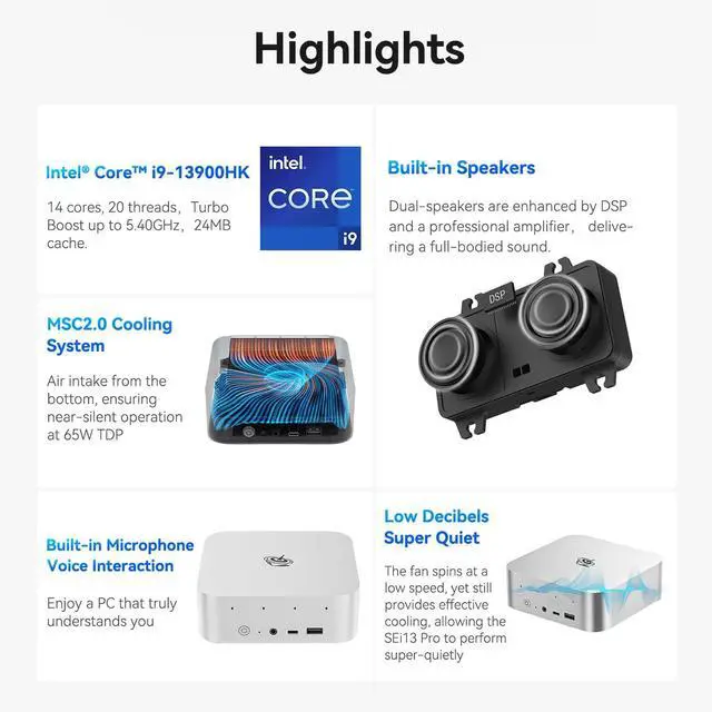 Alt view image 4 of 5 - Beelink SEI13 Mini PC with Intel Core i9-13900HK(14C/20T), 32GB DDR5, 1TB NVMe M.2 SSD, Triple Display 4K Output, 2.5G LAN, WiFi 6, Bluetooth 5.2 W-11 Mini Desktop Computer