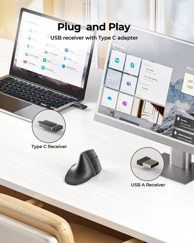 Alt view image 2 of 5 - seenda Ergonomic Mouse Rechargeable, 2.4G USB & Type C Vertical Wireless Ergo Mouse with Instant Desktop Return Key, Quiet Click, Palm Rest, Anti-Slip Optical Mice for Mac OS, Windows PC Laptops