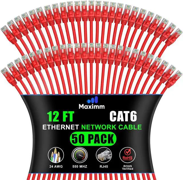 Main image of Maximm Cat 6 Ethernet Cable - 12 ft (50-Pack) - High-Speed LAN, Internet, Patch, and Network Cable - UTP, 10Gbps, 550MHz Ethernet Cord - Red