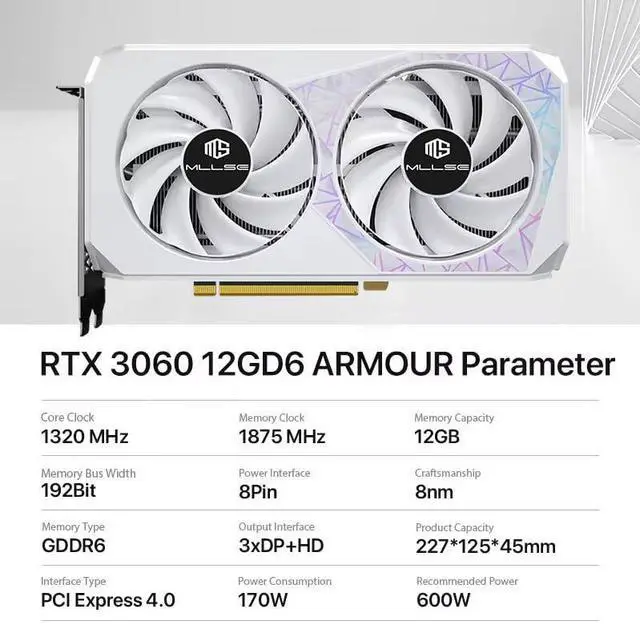 Alt view image 2 of 5 - MLLSE RTX 3060 Graphics Card, 12GB GDDR6, 192-bit, PCIe 4.0, HDMI & 3DP, 8-Pin, Desktop GPU for Gaming (White)