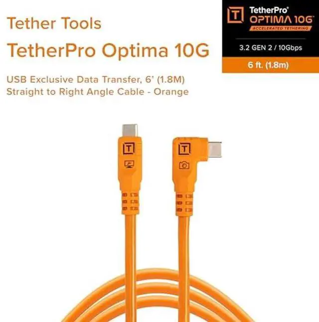 Alt view image 2 of 5 - Tether Tools TetherPro Optima 10G USB Exclusive Data Transfer, 6 (1.8M) Straight to Right Angle Cable - Orange | Not Compatible with Fuji GFX Models