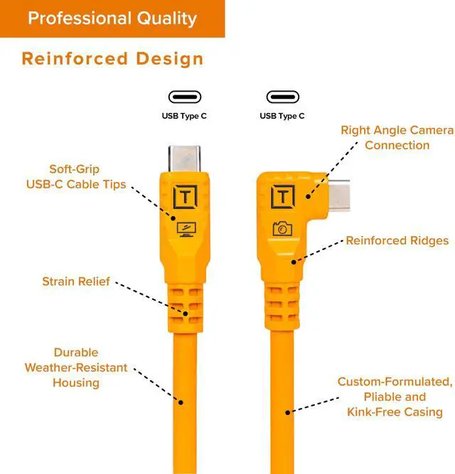 Alt view image 4 of 5 - Tether Tools TetherPro Optima 10G USB Exclusive Data Transfer, 6 (1.8M) Straight to Right Angle Cable - Orange | Not Compatible with Fuji GFX Models