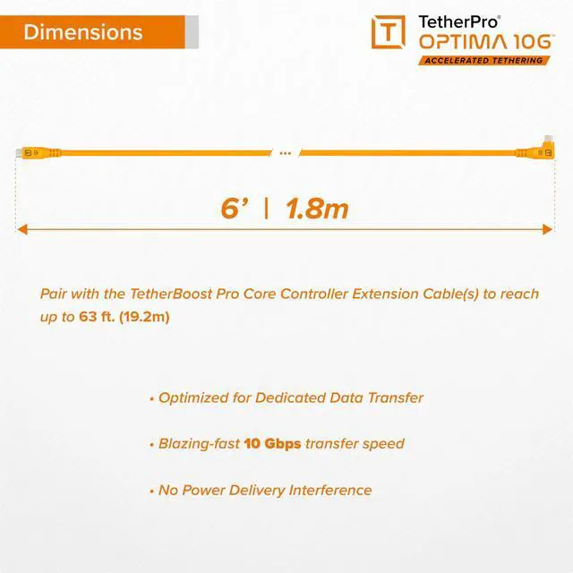 Alt view image 5 of 5 - Tether Tools TetherPro Optima 10G USB Exclusive Data Transfer, 6 (1.8M) Straight to Right Angle Cable - Orange | Not Compatible with Fuji GFX Models