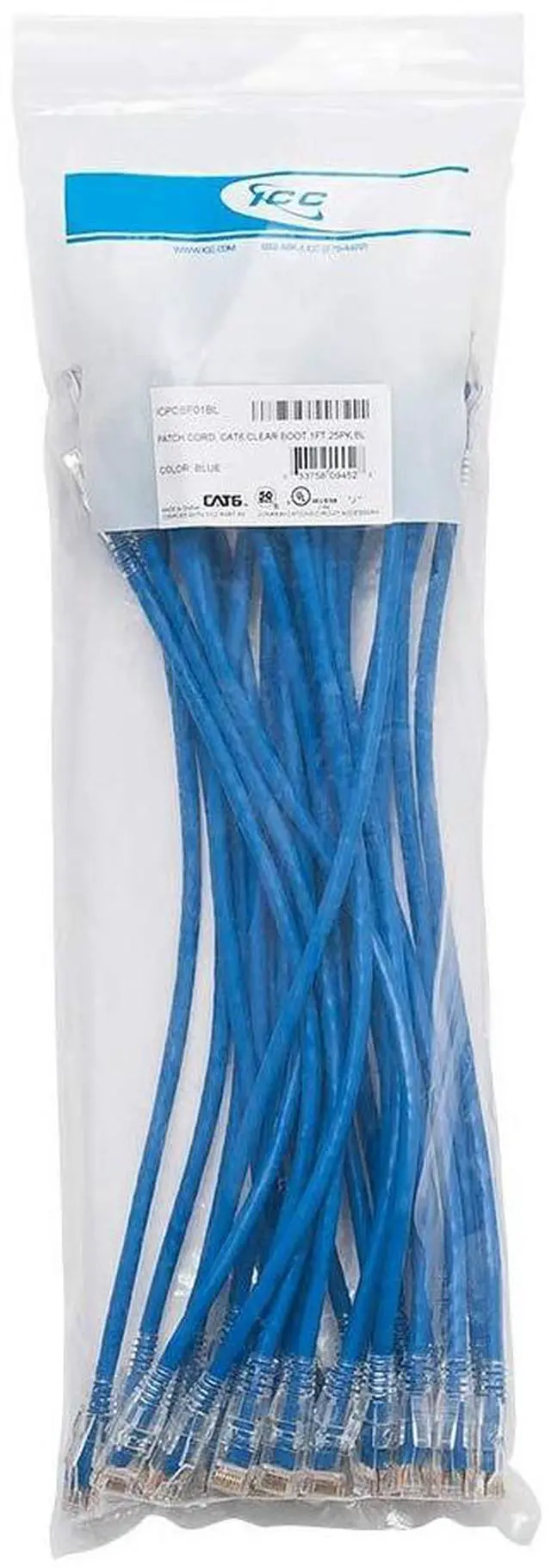 Main image of ICC CAT6 Ethernet Patch Cord with Clear Boot Strain Relief, RJ45, Stranded, 550 MHz, UTP, Pure Bare Copper Wire, 24 AWG, LAN Network Patch Cable, Blue, 1 FT, 25-Pack