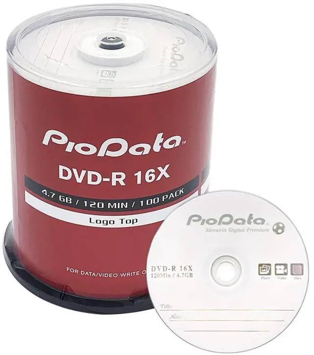 Main image of PioData DVD-R 4.7GB 16X Logo Top Blank Media | 100-Pack Cake Box Spindle | Blank DVDs for Burning Video, Bulk Discs for Data Storage