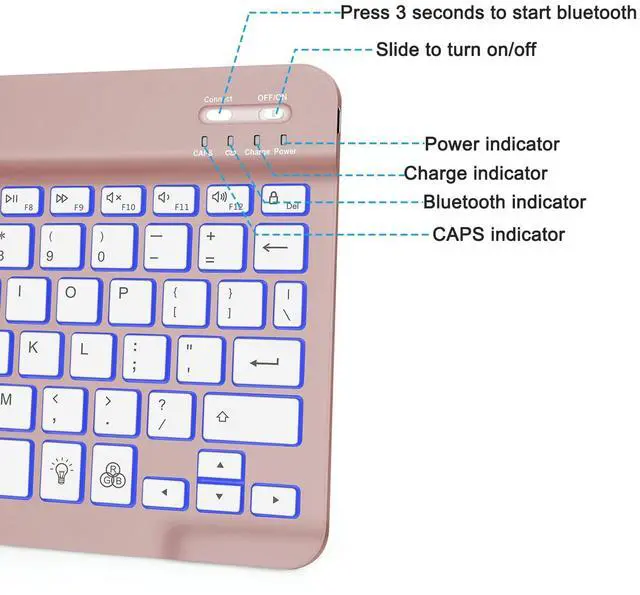 Alt view image 5 of 5 - OMOTON Bluetooth Keyboard, Wireless Rechargeable Keyboard for iPad, iPad Pro, iPad mini/Air with Illuminated LED (Rose Gold)