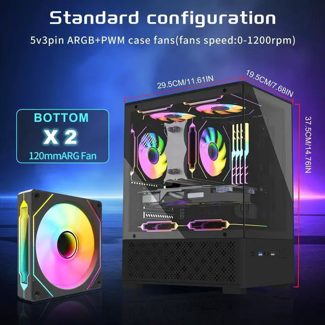 Alt view image 2 of 5 - Micro ATX Case, MATX,ITX PC Case with 2 X 120mm ARGB Fan Pre-Installed, Panoramic View Tempered Glass Front & Side Panel, Black
