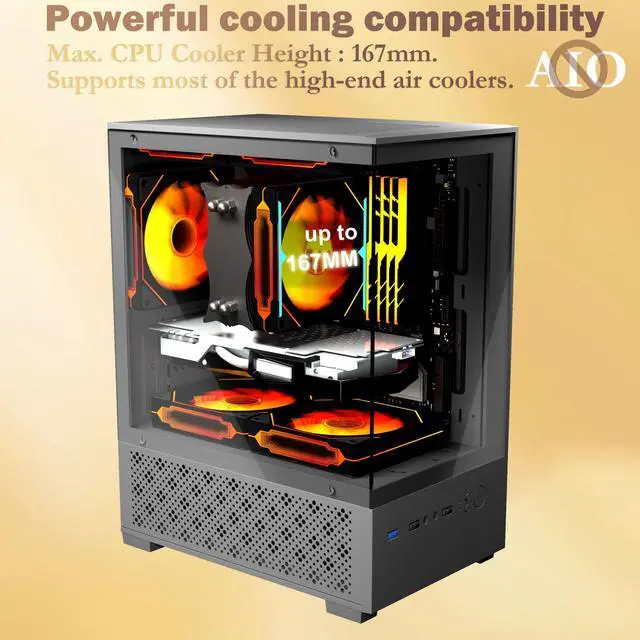 Alt view image 4 of 5 - Micro ATX Case, MATX,ITX PC Case with 2 X 120mm ARGB Fan Pre-Installed, Panoramic View Tempered Glass Front & Side Panel, Black