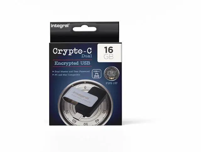 Main image of Integral 16GB Crypto-C Dual Encrypted USB Flash Memory Drive, AES-XTS 256-Bit Hardware Encrypted USB 3.2 with Secure Dual Password - Certified to FIPS 197, Compatible with Mac, MacBook, PC, Laptop