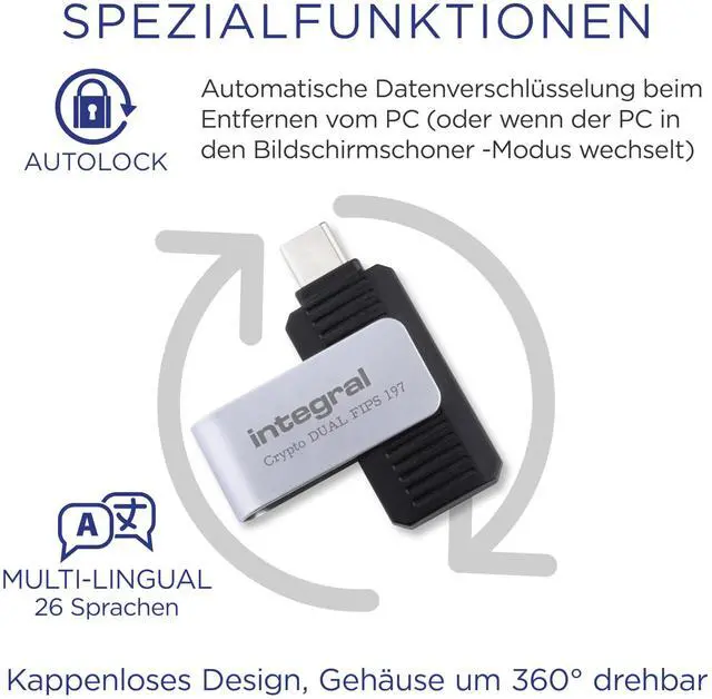 Alt view image 5 of 5 - Integral 16GB Crypto-C Dual Encrypted USB Flash Memory Drive, AES-XTS 256-Bit Hardware Encrypted USB 3.2 with Secure Dual Password - Certified to FIPS 197, Compatible with Mac, MacBook, PC, Laptop