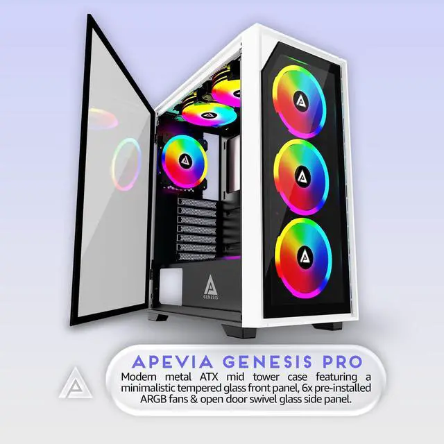 Alt view image 2 of 5 - Apevia G-PRO-WH Genesis Pro Mid Tower Gaming Case with 2 x Tempered Glass Panel, Top USB3.0/USB2.0/Audio Ports, 6 x RGB Fans, White Frame