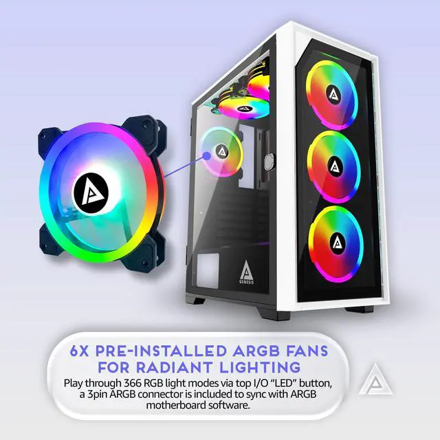 Alt view image 3 of 5 - Apevia G-PRO-WH Genesis Pro Mid Tower Gaming Case with 2 x Tempered Glass Panel, Top USB3.0/USB2.0/Audio Ports, 6 x RGB Fans, White Frame