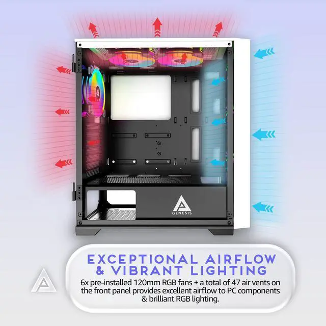 Alt view image 4 of 5 - Apevia G-PRO-WH Genesis Pro Mid Tower Gaming Case with 2 x Tempered Glass Panel, Top USB3.0/USB2.0/Audio Ports, 6 x RGB Fans, White Frame