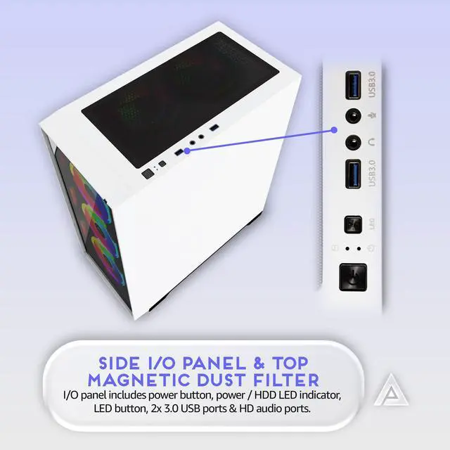 Alt view image 5 of 5 - Apevia G-PRO-WH Genesis Pro Mid Tower Gaming Case with 2 x Tempered Glass Panel, Top USB3.0/USB2.0/Audio Ports, 6 x RGB Fans, White Frame