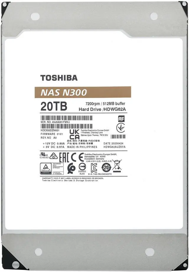 Alt view image 5 of 5 - Toshiba N300 20TB NAS 3.5-Inch Internal Hard Drive - CMR SATA 6 GB/s 7200 RPM 512 MB Cache - HDWG62AXZSTA