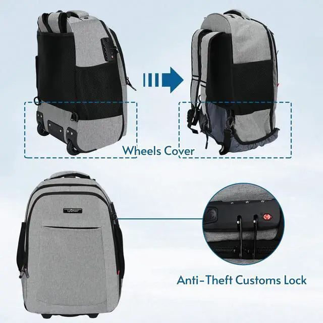 Alt view image 3 of 5 - lychee Concealable Rolling Backpack-Adult Business Laptop Backpack with Wheels-20 inch Invisible Shoulder Strap Waterproof-Suitcase Travel Bag with reflective stripes,Grey
