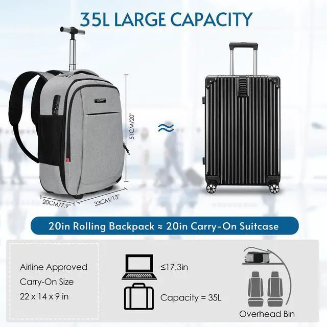 Alt view image 5 of 5 - lychee Concealable Rolling Backpack-Adult Business Laptop Backpack with Wheels-20 inch Invisible Shoulder Strap Waterproof-Suitcase Travel Bag with reflective stripes,Grey