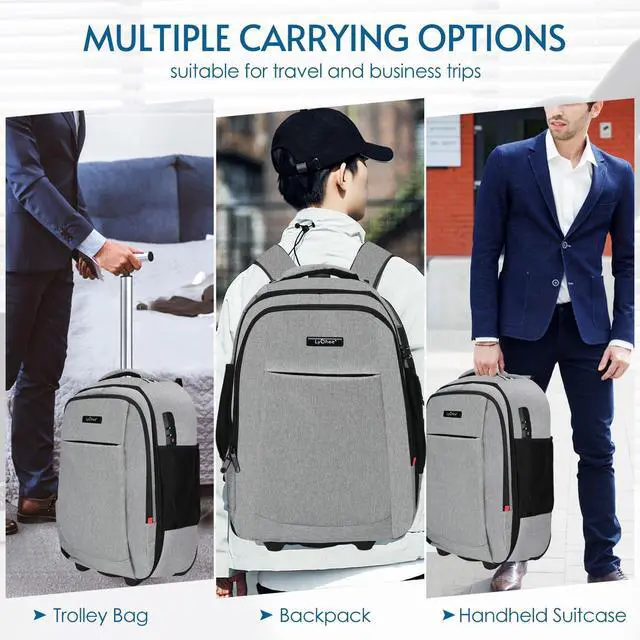 Alt view image 4 of 5 - lychee Concealable Rolling Backpack-Adult Business Laptop Backpack with Wheels-20 inch Invisible Shoulder Strap Waterproof-Suitcase Travel Bag with reflective stripes,Grey