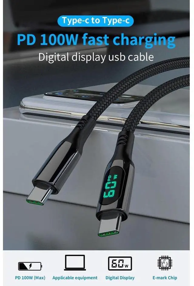 Alt view image 2 of 5 - BoxWave Cable Compatible with Huion Kamvas Pro 16 (2021) - PowerDisplay PD Cable (6ft) - USB-C to USB-C (100W), LED Wattage Info Extra Long Braided Nylon - Jet Black