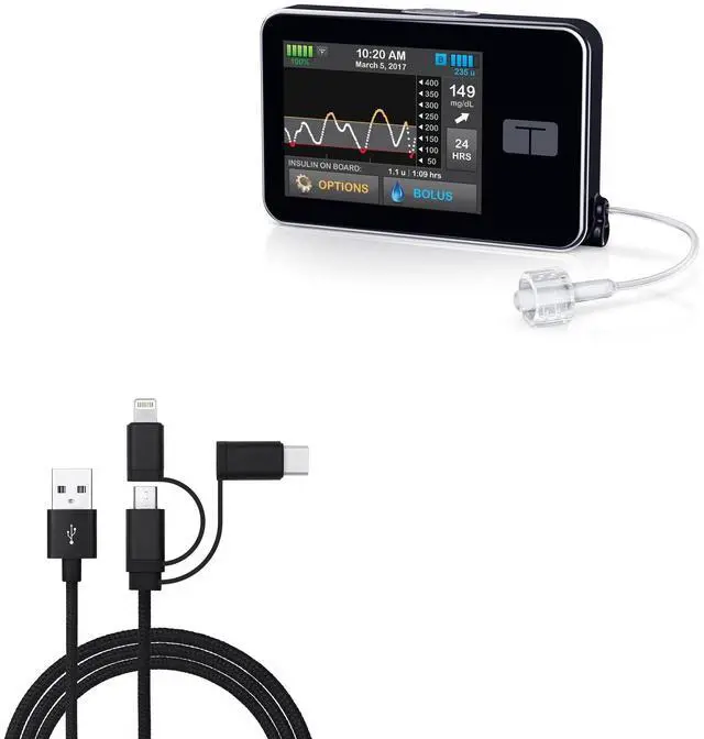 Main image of BoxWave Cable Compatible with Tandem t:Slim X2 Insulin Pump - AllCharge 3-in-1 Cable - Jet Black