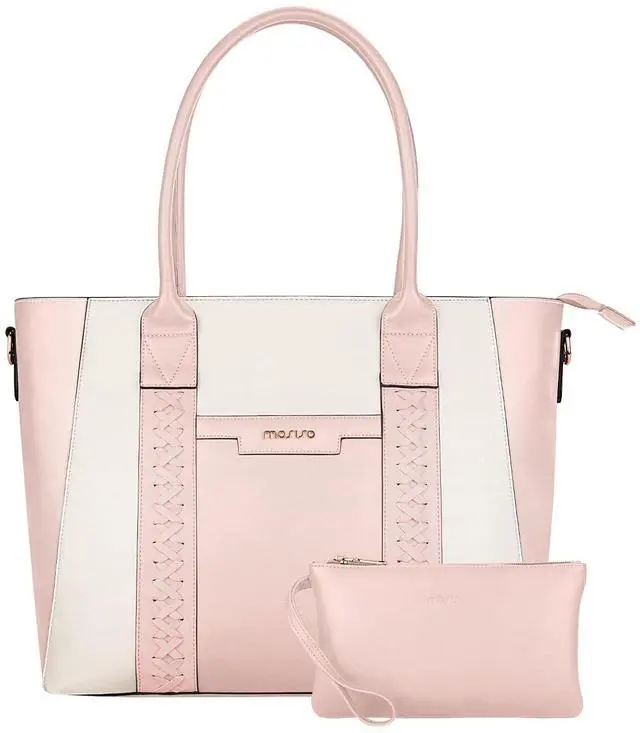 Main image of MOSISO Laptop Tote Bag for Women, 15.6 inch PU Leather Work Bag with Double Weave Strips & Clutch Purse, Waterproof Computer Briefcase Shoulder Handbag for Business Office, Pink