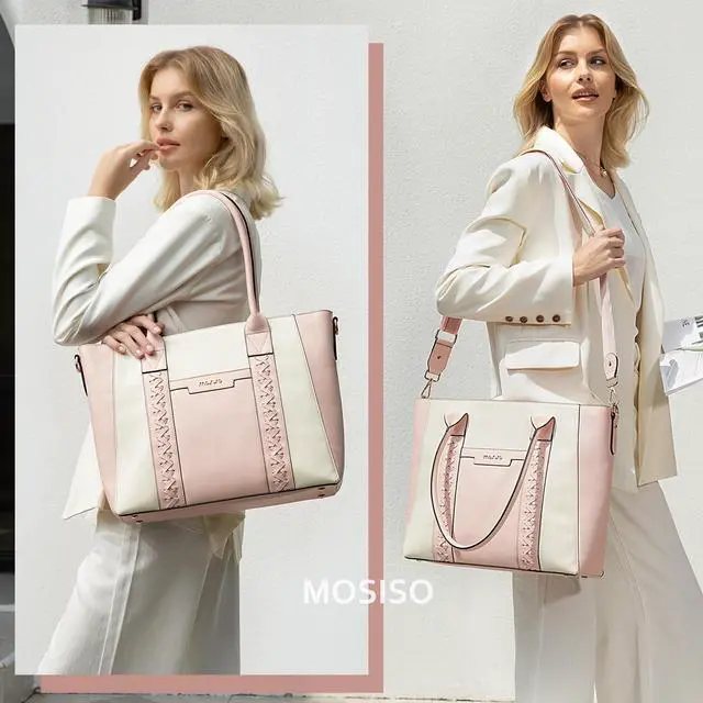 Alt view image 2 of 5 - MOSISO Laptop Tote Bag for Women, 15.6 inch PU Leather Work Bag with Double Weave Strips & Clutch Purse, Waterproof Computer Briefcase Shoulder Handbag for Business Office, Pink