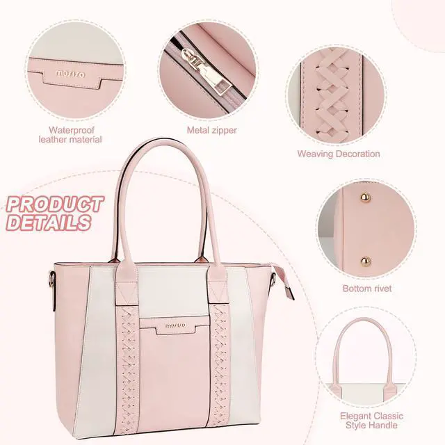Alt view image 4 of 5 - MOSISO Laptop Tote Bag for Women, 15.6 inch PU Leather Work Bag with Double Weave Strips & Clutch Purse, Waterproof Computer Briefcase Shoulder Handbag for Business Office, Pink
