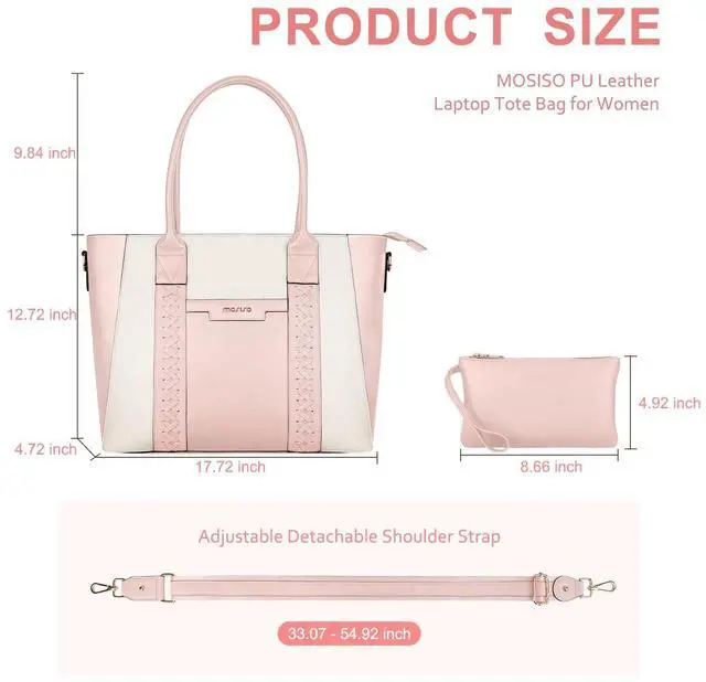Alt view image 5 of 5 - MOSISO Laptop Tote Bag for Women, 15.6 inch PU Leather Work Bag with Double Weave Strips & Clutch Purse, Waterproof Computer Briefcase Shoulder Handbag for Business Office, Pink