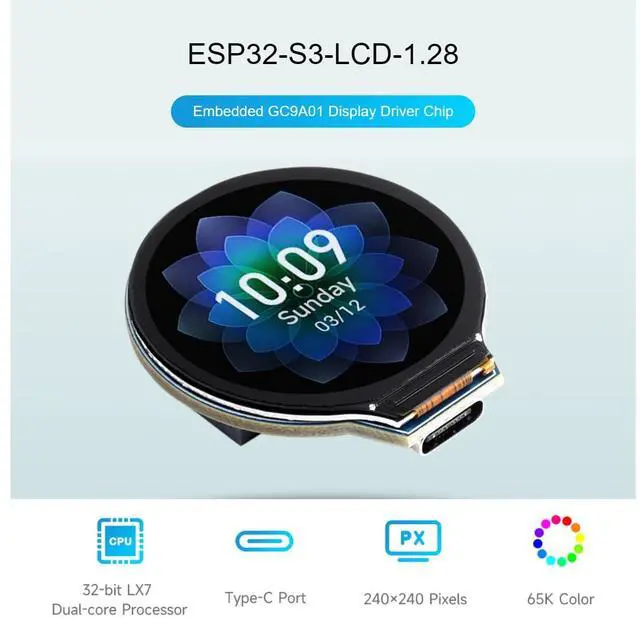 Alt view image 3 of 5 - waveshare ESP32-S3 Development Board Onboard 1.28inch Round LCD Display,32-bit LX7 Dual-core Processor,Support 2.4 GHz Wi-Fi and Bluetooth 5(LE),Embedded GC9A01 Driver Chip