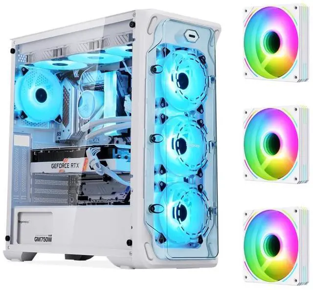 Main image of SEGOTEP LUX 360 - EATX/ATX Gaming Desktop Case with 3D Ring Design Panel - Compatible with 240mm/280mm/360mm AIO Liquid Cooler & Vertical GPU - Acrylic Panels - Three ARG Fans Included - White Color