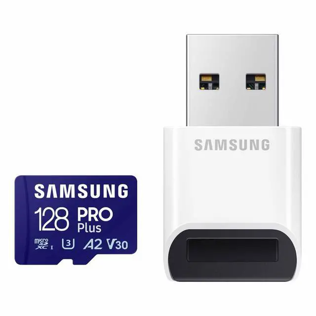 Main image of SAMSUNG PRO Plus microSD Memory Card + Reader, 128GB MicroSDXC, Up to 180 MB/s, Full HD & 4K UHD, UHS-I, C10, U3, V30, A2 for Android Phones, Tablets, GoPRO, DJI Drone, MB-MD128SB/AM, 2023