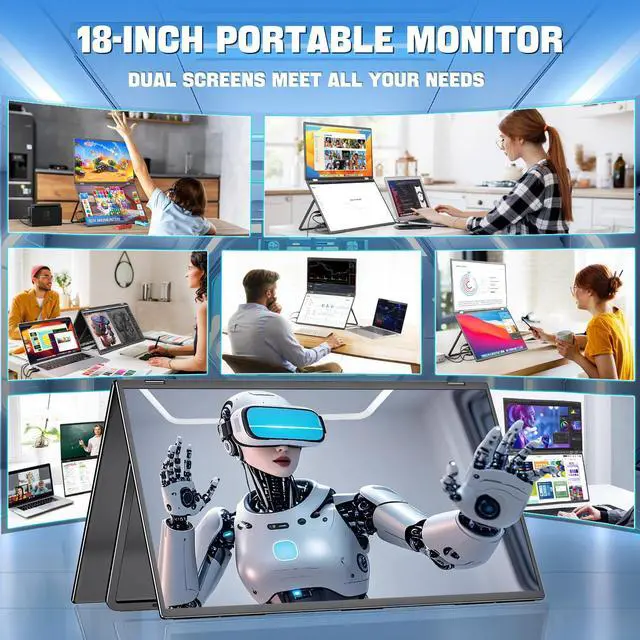 Alt view image 2 of 5 - InnoView 18" 2K 100Hz Portable Monitor 100% sRGB Portable Dual Monitor for Laptop 315degAdjustable Screen Extender for Windows Mac with Type-C HDMI DP Foldable Monitors Portatil(No Driver Needed)