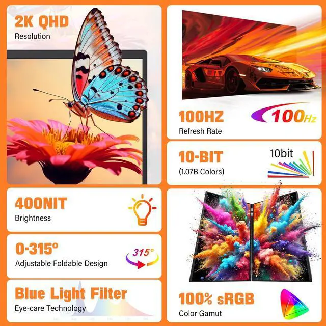 Alt view image 3 of 5 - InnoView 18" 2K 100Hz Portable Monitor 100% sRGB Portable Dual Monitor for Laptop 315degAdjustable Screen Extender for Windows Mac with Type-C HDMI DP Foldable Monitors Portatil(No Driver Needed)