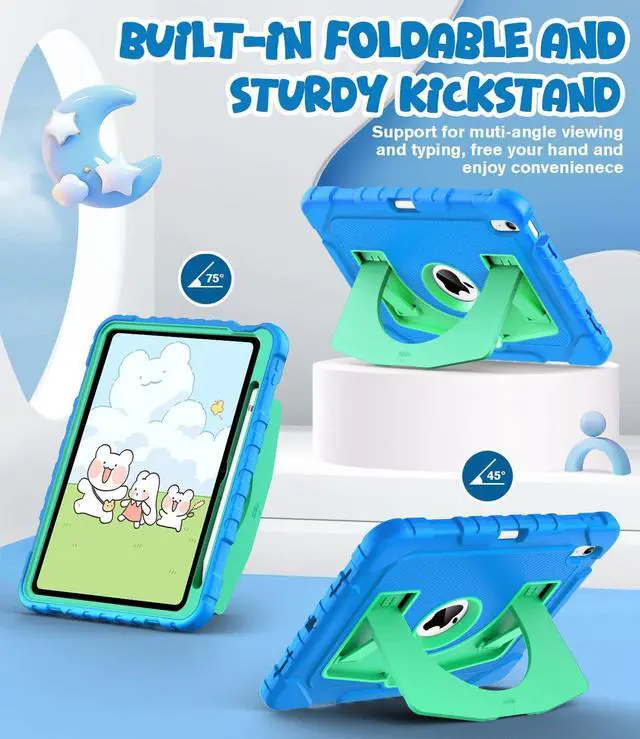 Alt view image 3 of 5 - OKP Kids Case for iPad 11 inch (A16) 2025/10.9'' (10th Generation) 2022, Shockproof Rugged 11th/10 th Gen iPad Protective Cover with Built-in Kickstand, Pencil Holder for Kids Girls Boys, Blue+Green