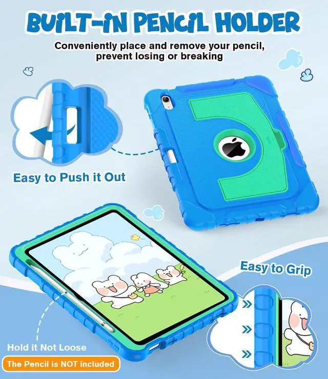 Alt view image 4 of 5 - OKP Kids Case for iPad 11 inch (A16) 2025/10.9'' (10th Generation) 2022, Shockproof Rugged 11th/10 th Gen iPad Protective Cover with Built-in Kickstand, Pencil Holder for Kids Girls Boys, Blue+Green