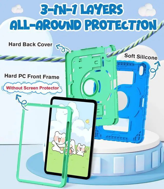 Alt view image 5 of 5 - OKP Kids Case for iPad 11 inch (A16) 2025/10.9'' (10th Generation) 2022, Shockproof Rugged 11th/10 th Gen iPad Protective Cover with Built-in Kickstand, Pencil Holder for Kids Girls Boys, Blue+Green