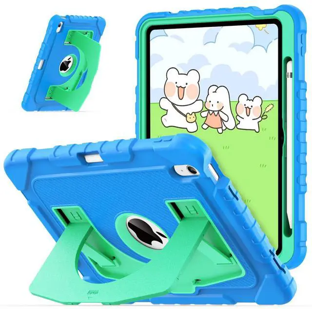 Main image of OKP Kids Case for iPad 11 inch (A16) 2025/10.9'' (10th Generation) 2022, Shockproof Rugged 11th/10 th Gen iPad Protective Cover with Built-in Kickstand, Pencil Holder for Kids Girls Boys, Blue+Green