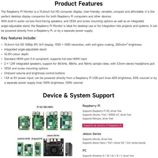 Alt view image 4 of 5 - waveshare Pi Monitor Kit, Comes with an Official Raspberry Pi 15.6inch Monitor, 1920×1080 Resolution, Standard HDMI Port, IPS, VESA Mounting Support, Bundle with Accessories (6 Items)