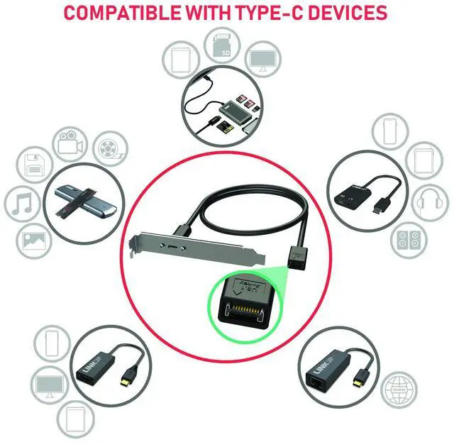 Alt view image 4 of 5 - LINKUP - USB 3.2 Gen 2x2 20Gbps USB-C Type Internal Panel Cable Mount Motherboard Header Extension Adapter|20-Pin A-Key Male with Cover to USB-C Female Connector with PCI Bracket - 40cm