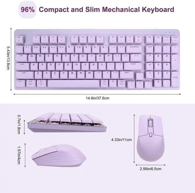 Alt view image 4 of 5 - LeadsaiL FA98 Wireless Mechanical Keyboard and Mouse, 2.4Ghz Cordless Mechanical Keyboard and Silent Mouse, Low-Profile Red Switch, 98-Key Compact Slim 96% Keyboard for Windows/MacOS PC Laptop- Purple