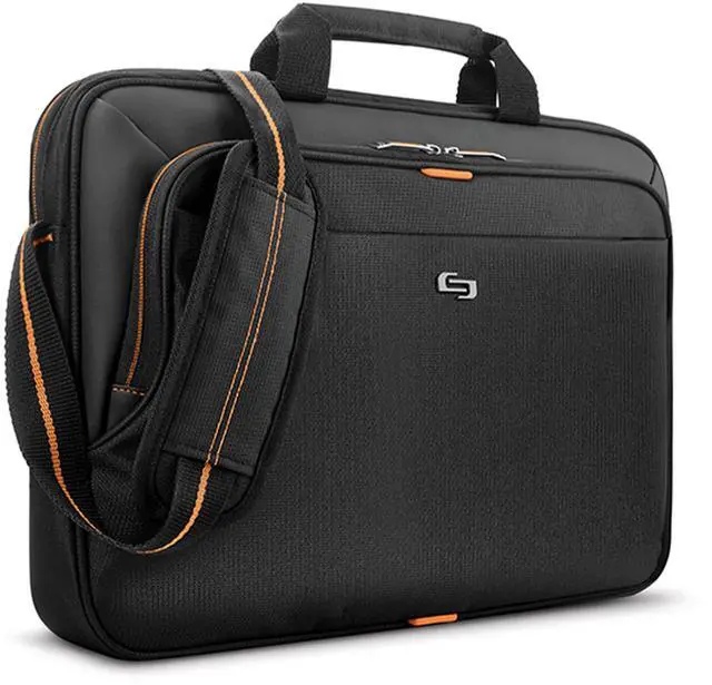 Main image of Solo New York Briefcase - Laptop Carrying Bag for Women & Men, Brief for Travel & Work, Internal Tablet Pocket, Adjustable Shoulder Strap, Fits 13.3" Computer - Ace Slim, Black & Orange