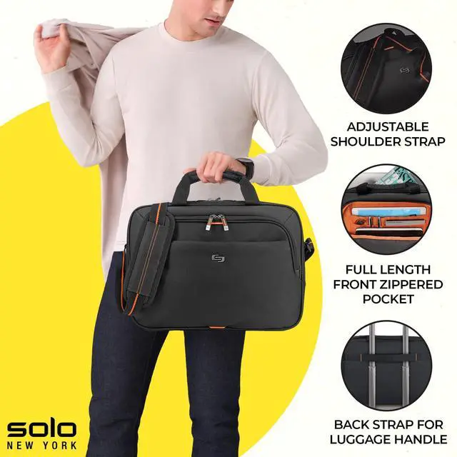 Alt view image 2 of 5 - Solo New York Briefcase - Laptop Carrying Bag for Women & Men, Brief for Travel & Work, Internal Tablet Pocket, Adjustable Shoulder Strap, Fits 13.3" Computer - Ace Slim, Black & Orange