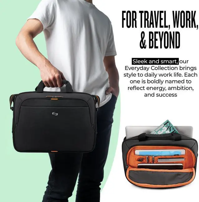 Alt view image 4 of 5 - Solo New York Briefcase - Laptop Carrying Bag for Women & Men, Brief for Travel & Work, Internal Tablet Pocket, Adjustable Shoulder Strap, Fits 13.3" Computer - Ace Slim, Black & Orange