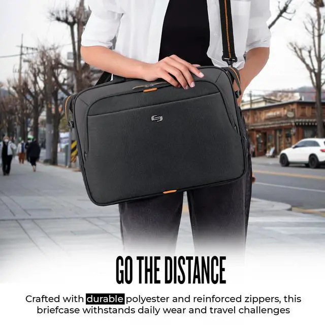 Alt view image 5 of 5 - Solo New York Briefcase - Laptop Carrying Bag for Women & Men, Brief for Travel & Work, Internal Tablet Pocket, Adjustable Shoulder Strap, Fits 13.3" Computer - Ace Slim, Black & Orange
