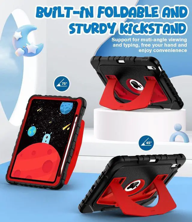 Alt view image 3 of 5 - OKP Kids Case for iPad 11 inch (A16) 2025/10.9'' (10th Generation) 2022, Shockproof Rugged 11th/ 10 th Gen iPad Protective Cover with Built-in Kickstand, Pencil Holder for Kids Girls Boys, Black+Red
