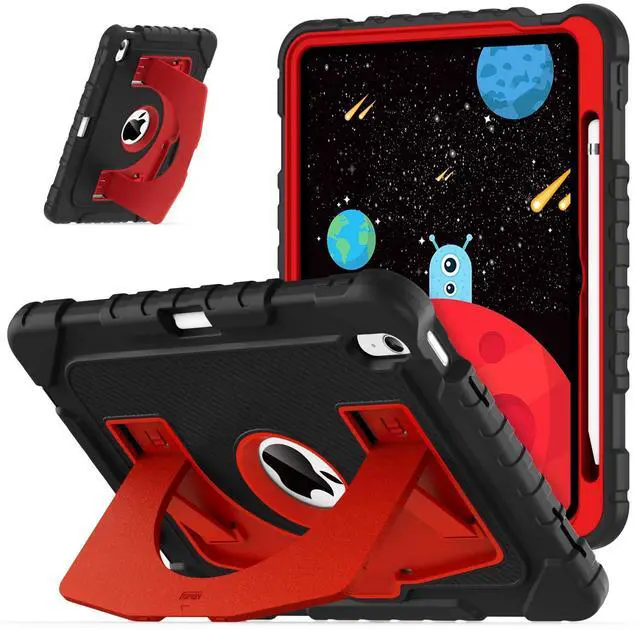 Main image of OKP Kids Case for iPad 11 inch (A16) 2025/10.9'' (10th Generation) 2022, Shockproof Rugged 11th/ 10 th Gen iPad Protective Cover with Built-in Kickstand, Pencil Holder for Kids Girls Boys, Black+Red